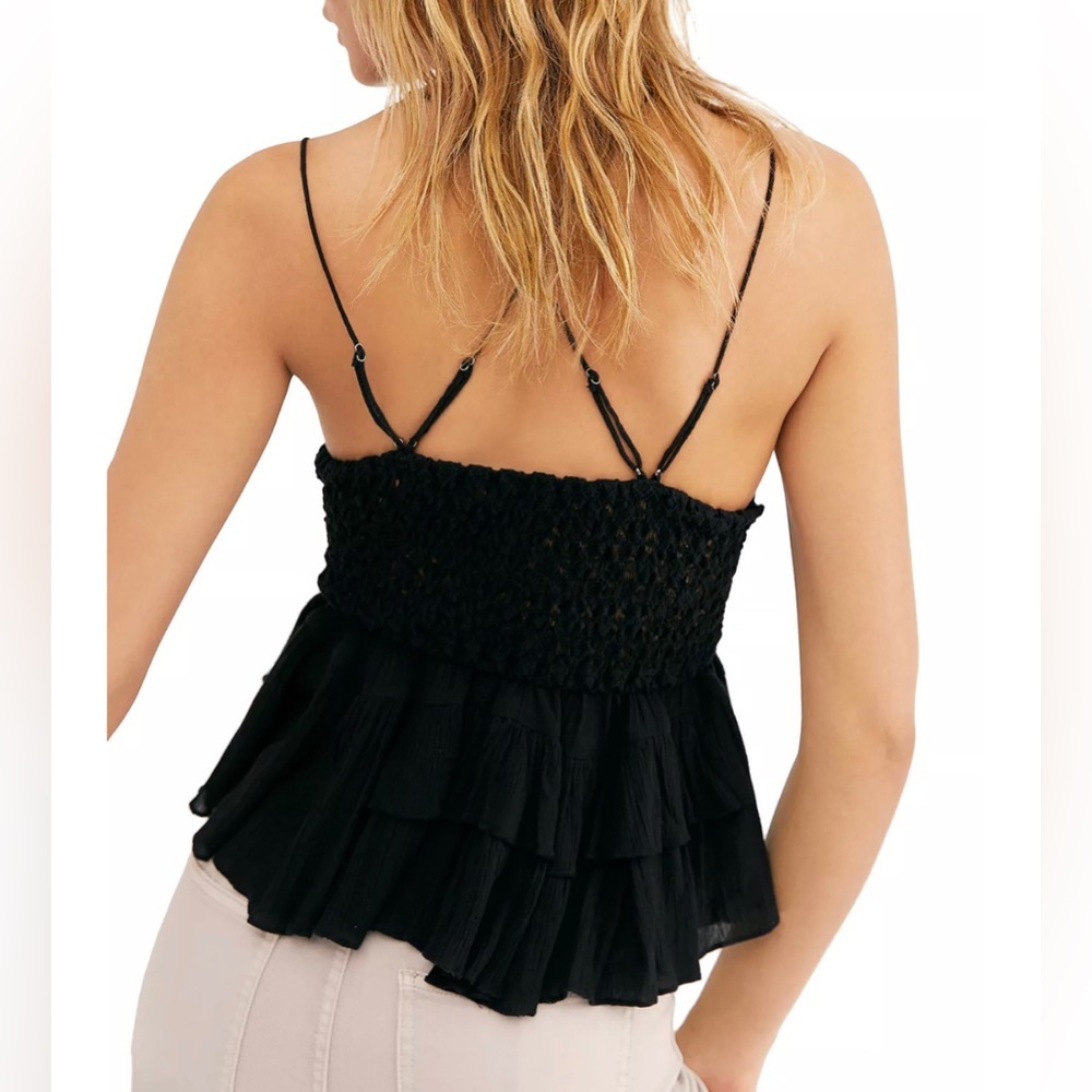 Free People Adella Tiered Ruffle Cami Floral Lace Peplum Top Black NWT XS - Picture 6 of 6
